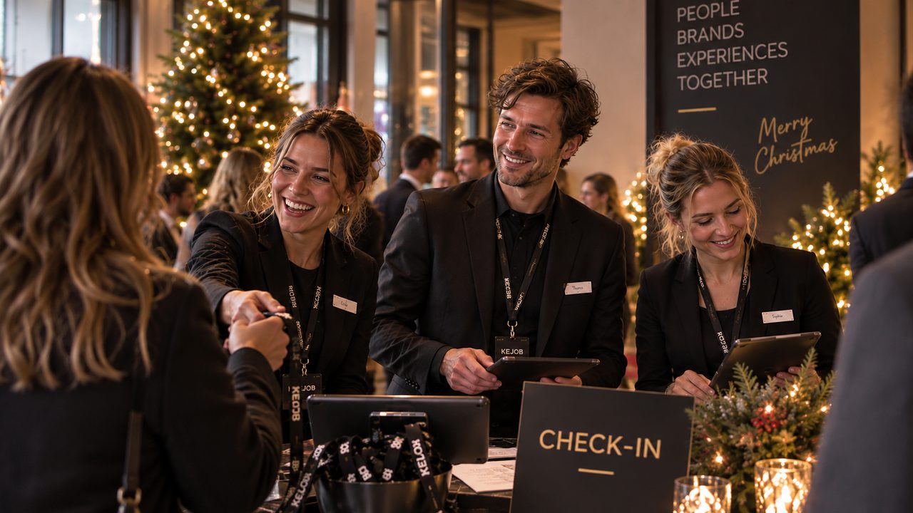 Drei KEJOB-Mitarbeitende in schwarzer Eventkleidung begrüßen am Check-in-Desk einer Firmen-Weihnachtsfeier einen Gast und übergeben ein Lanyard