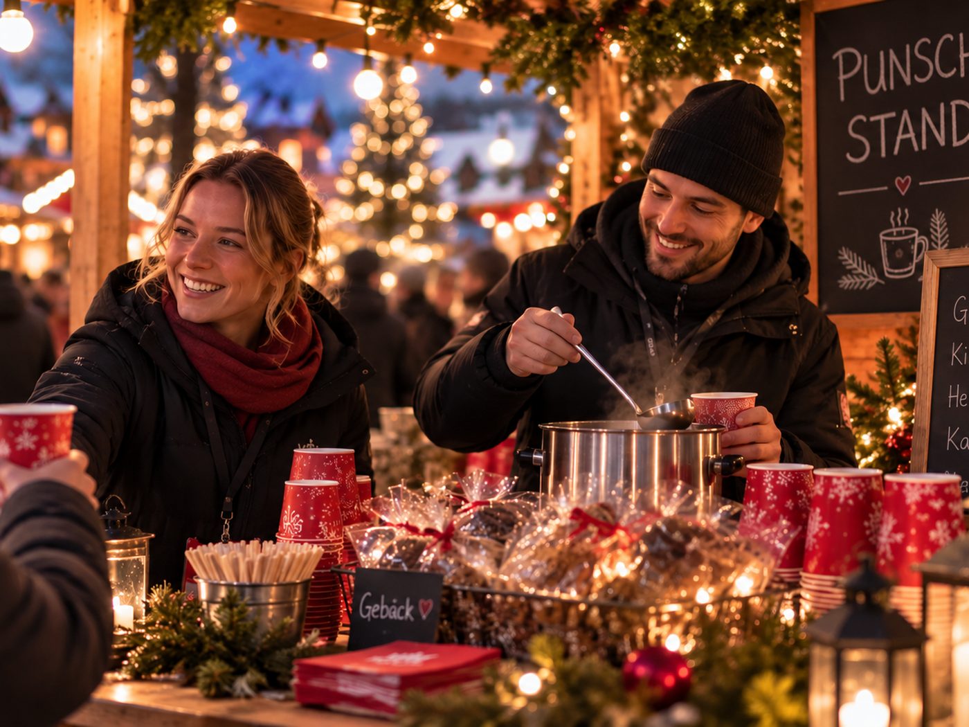 Zwei KEJOB-Mitarbeitende an einem Punschstand am abendlichen Weihnachtsmarkt: Sie reicht einer Besucherin einen roten Becher, er schöpft Glühwein aus dem Topf
