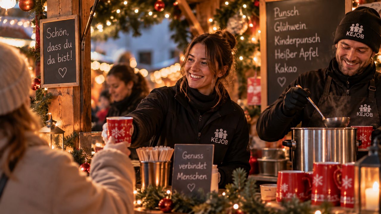 KEJOB-Mitarbeiterin reicht an einer weihnachtlich geschmückten Punschhütte einen roten Becher über die Theke, daneben schöpft ein Kollege Glühwein