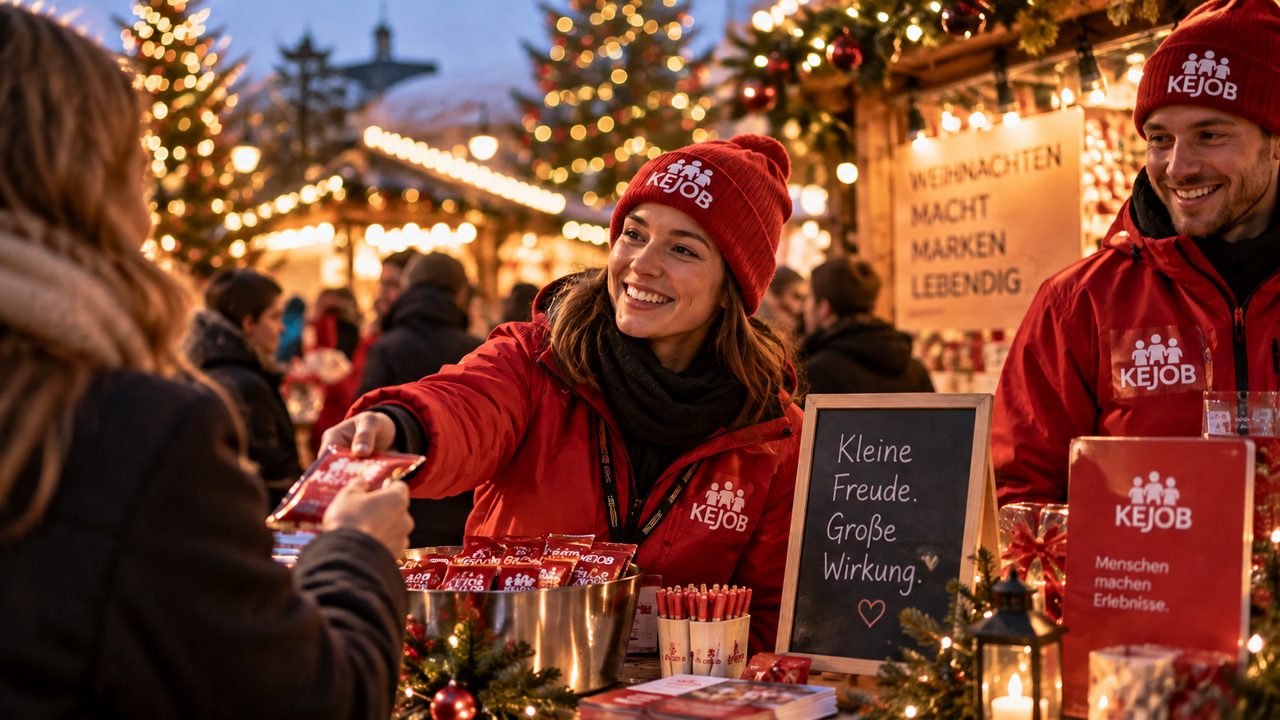 KEJOB-Promoterin in roter Jacke und Haube übergibt bei einer Weihnachtspromotion am Marktstand eine Produktprobe an eine Besucherin