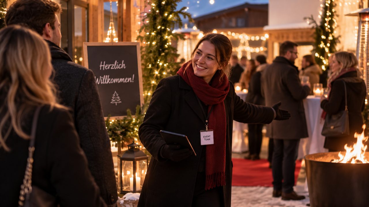 Mitarbeiterin des Eventteams mit Tablet begrüßt Gäste beim Empfang eines winterlichen Kundenevents unter Lichterketten